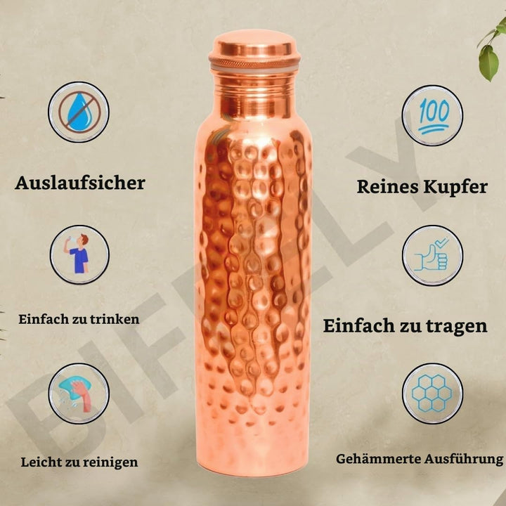 Kupfer-Wasserflasche, handgefertigt, ayurvedisch, 100% reines Kupfer, für Damen und Herren, auslaufs