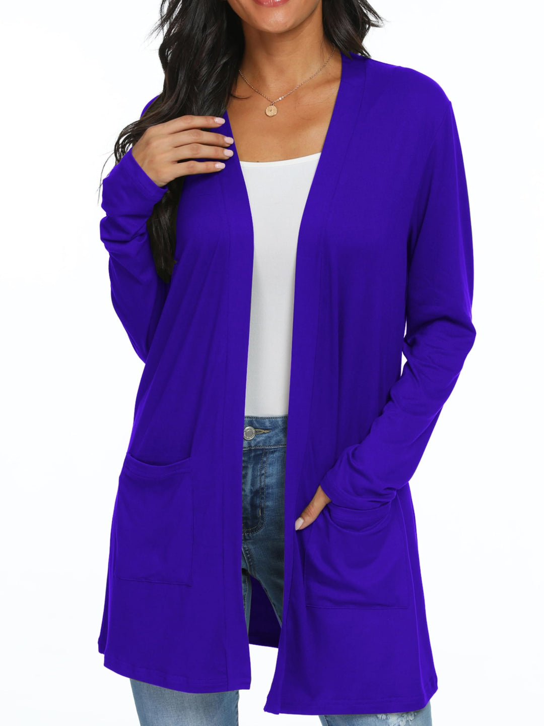 QIXING Casual Leichte Strickjacke Damen Lang Elegant Dünne Strickjacke Lange Ärmel mit Taschen Open
