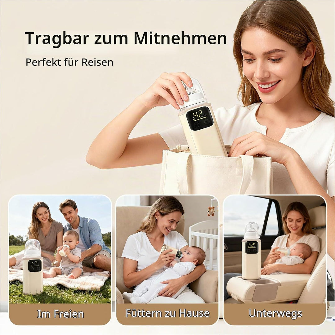 Tragbarer Flaschenwärmer, Wiederaufladbare Milchwärmhülle mit Schnellheizfunktion und 6 Temperaturst