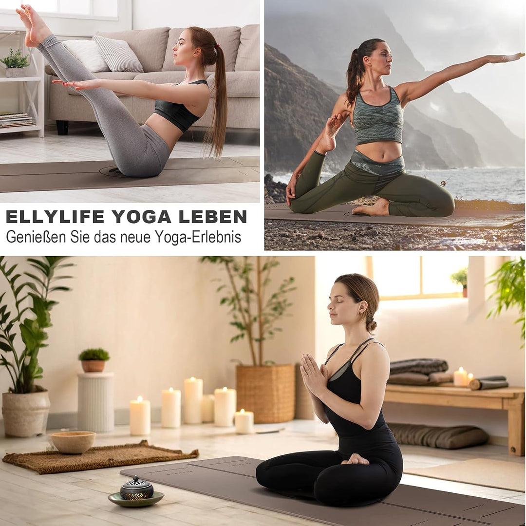 Ellylife Yogamatte aus ECO Naturkautschuk &amp; Hhautfreundlichem TPE, Extrem Rutschfest, Ausrichtungsli