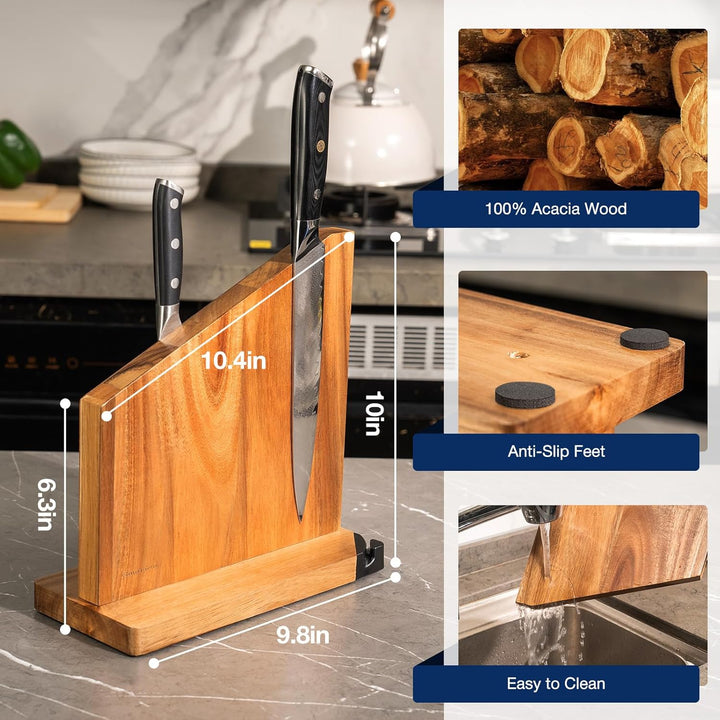 Messerblock Magnetisch mit Integriertem Schärfer, 100% Akazienholz Messerblock ohne Messer, Starker