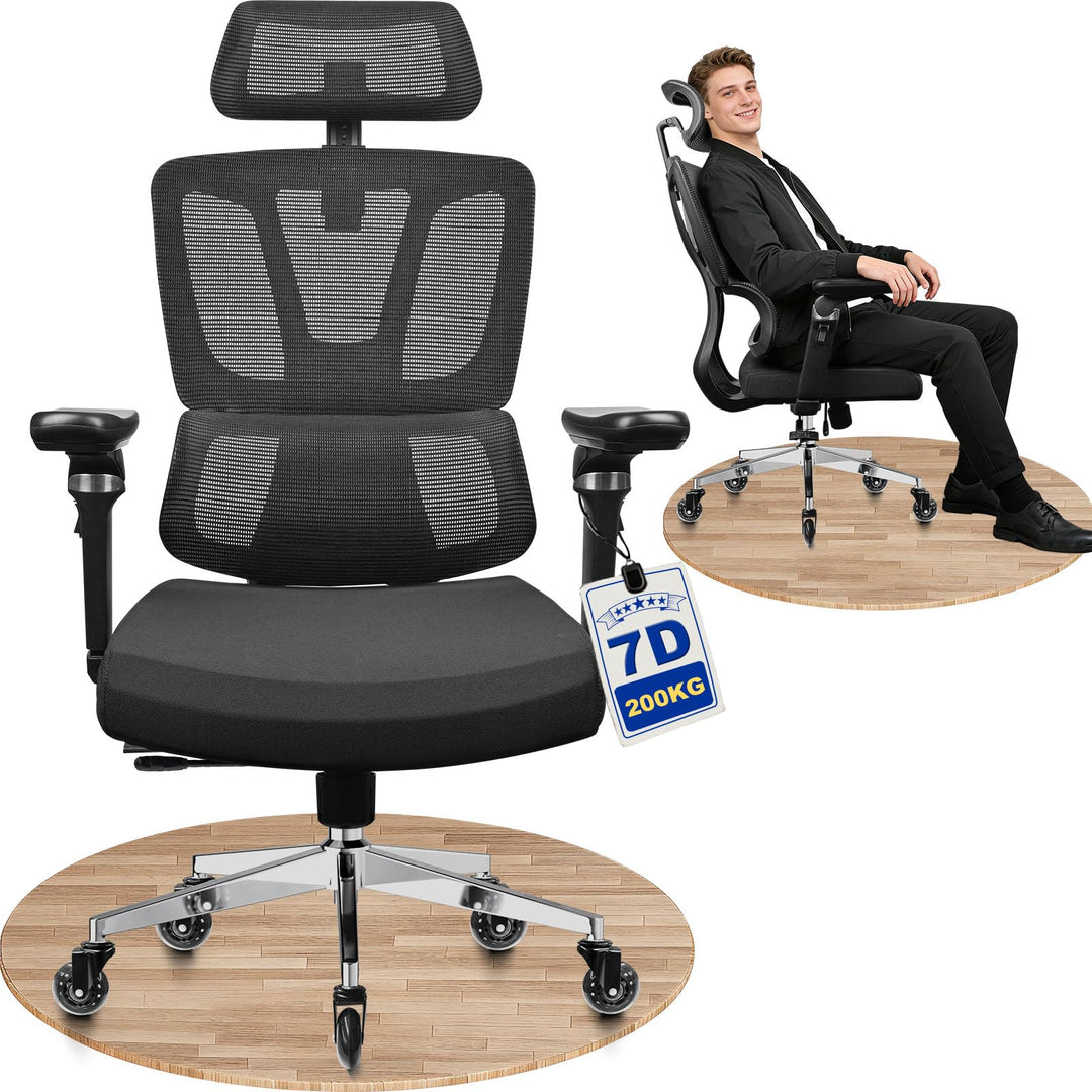 MELOKEA Bürostuhl Ergonomisch, 7D-Armlehnen, Verstellbare Sitztiefe, 4-Stufen Neigung, Gummirollen,