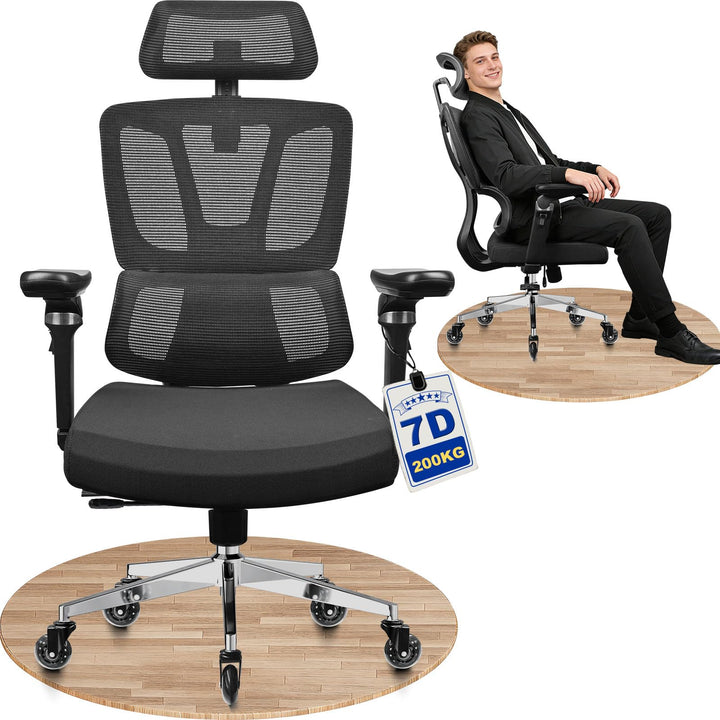 MELOKEA Bürostuhl Ergonomisch, 7D-Armlehnen, Verstellbare Sitztiefe, 4-Stufen Neigung, Gummirollen,