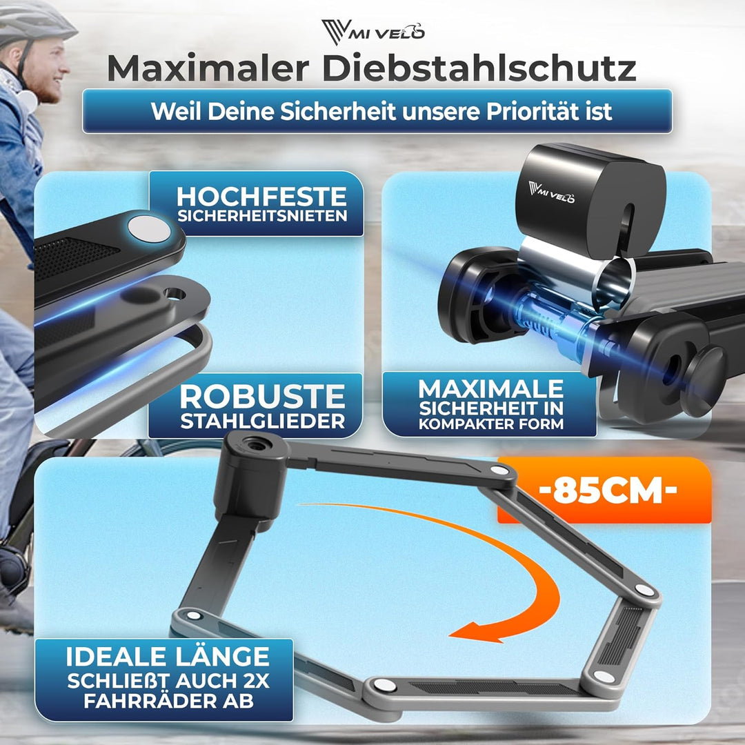 MIVELO Fahrradschloss Faltschloss hohe Sicherheit 85cm lang I Fahrrad Schloss mit Schlüssel inkl. Ha