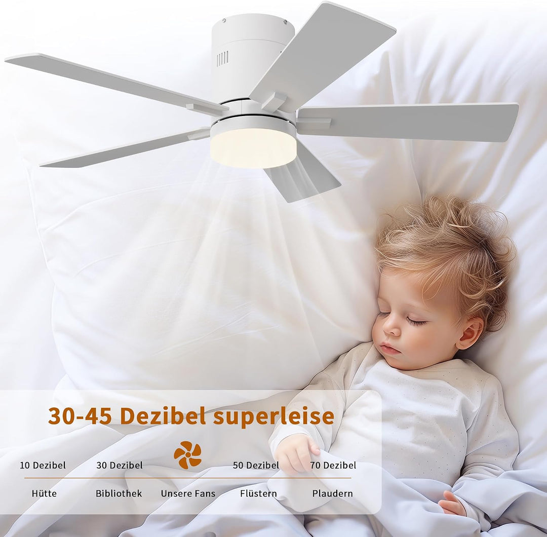 Deckenventilator mit Beleuchtung 106.6 cm, 5 Massivholzflügel (Weiss) | Ultraflaches Design 28 cm, 6