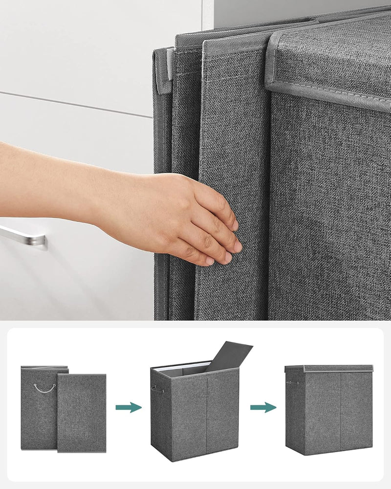 SONGMICS Wäschekorb, 142 L, 2 Fächer aus Leinenstoff, Trennwand für Kleidung mit magnetischem Deckel