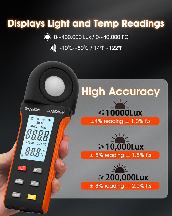 Luxmeter Bluetooth Lichtmessgerät, WapoRich Digital Light Meter Belichtungsmesser Misst 1~400,000Lux