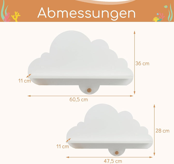 COSTWAY 2er Set Wandregal Kinder, Schweberegal im Wolkenform aus Massivholz, wandmontiertes Kinderre