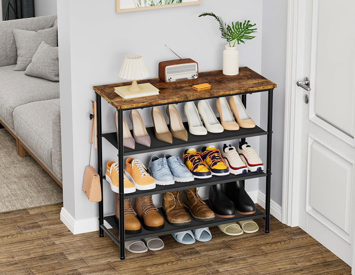 HOMIDEC Schuhregal,4-Ebenen Schuhablage mit Holzbrett als oberstes Regal,Schuhaufbewahrung für 12-16
