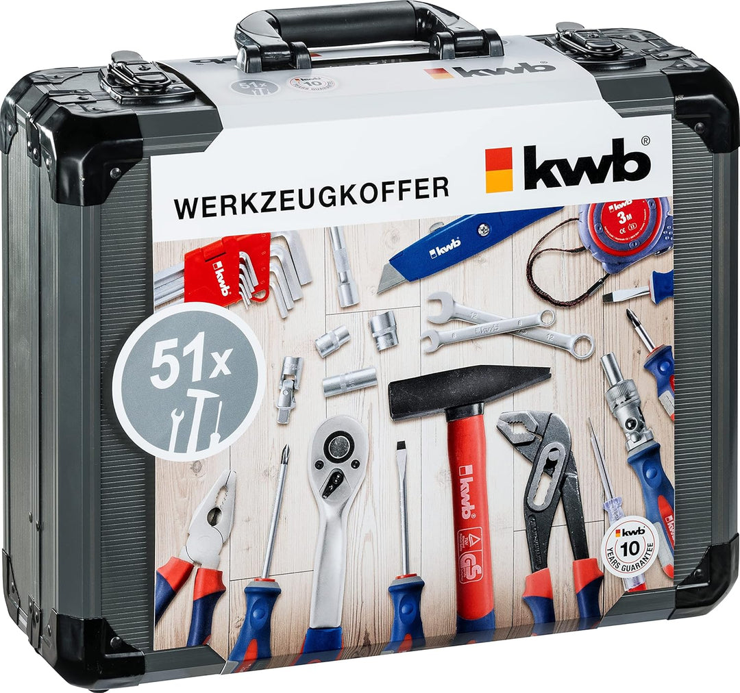 kwb Werkzeugkoffer aus robustem Aluminium inkl. 51-tlg. hochwertigem Werkzeug-Set als perfekte Grund