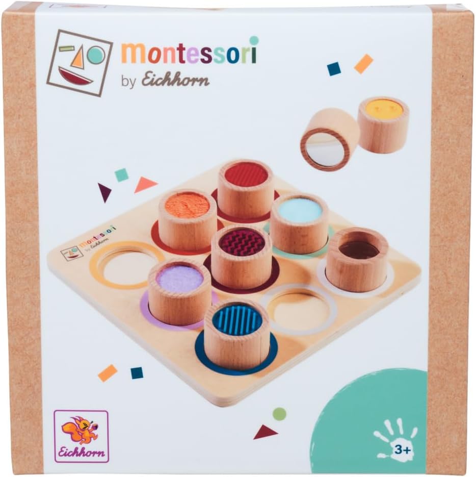 Eichhorn – Montessori – Fühlbrett mit 9 Fühlzylindern mit verschiedenen Oberflächen und Materialien,