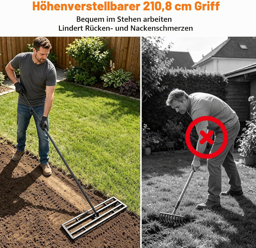 Rasen Nivellierrechen 81x25cm mit Gezahnte Seite und 199 cm Langer Griff, 2-In-1 Rasen-Nivelliergera