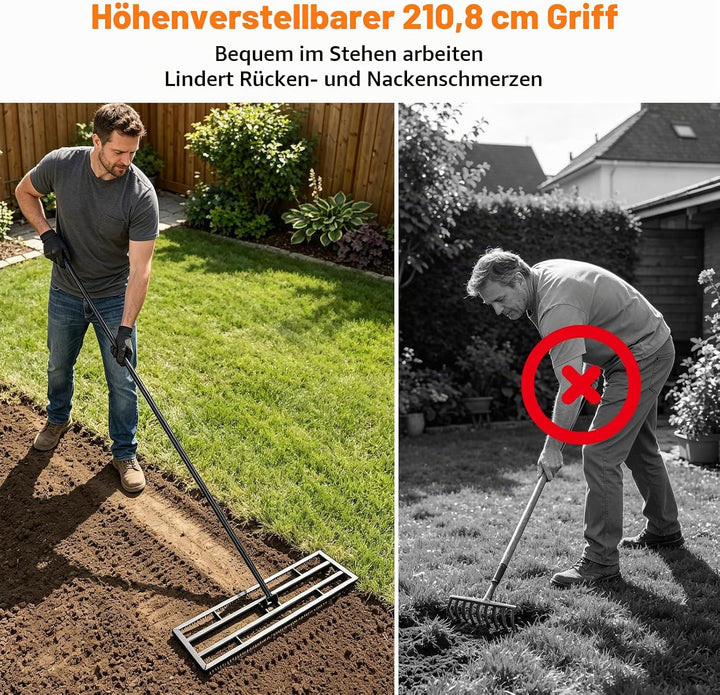 Rasen Nivellierrechen 81x25cm mit Gezahnte Seite und 199 cm Langer Griff, 2-In-1 Rasen-Nivelliergera