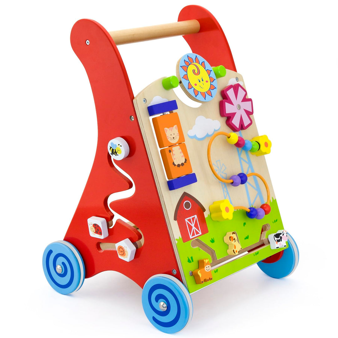 Lauflernwagen Lauflerner, Activity Babywalker mit Motorikbrett aus FSC-Holz, mit Gummilaufringen und