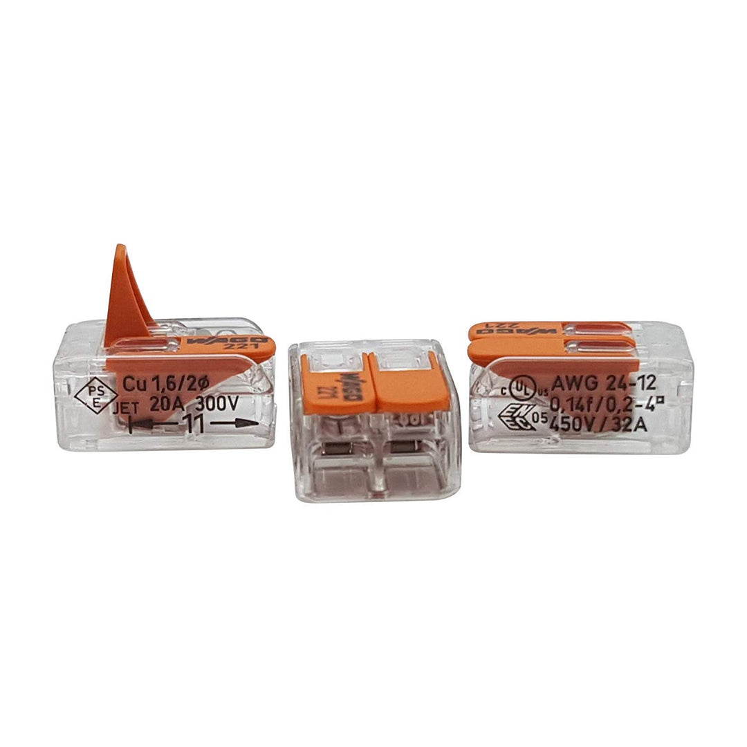 WAGO 50 Stück 221-412 Verbindungsklemme, 2-adrig, mit Hebel, 0,2-4qmm kleine Form, transparent 1 2 F