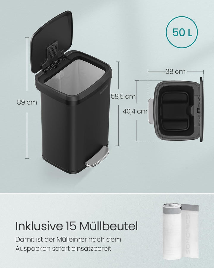 SONGMICS Mülleimer Küche, 50 Liter Abfalleimer, Tretmülleimer aus Metall, mit Deckel, hoch, schmal u