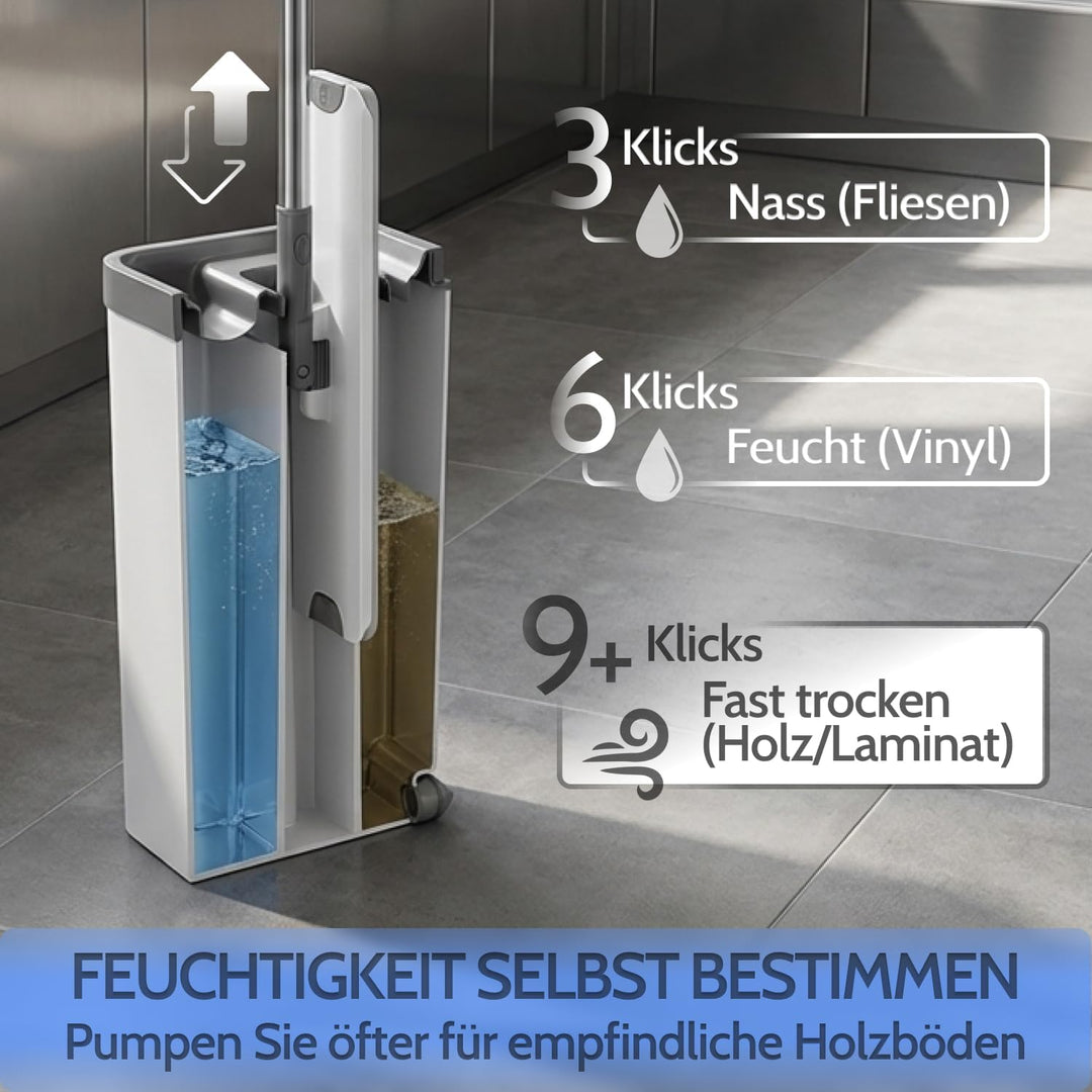 Allyson® Wischmopp Set mit Eimer, 3 Kammer System, inkl. 15 Mopptücher | Integrierter Haarentferner,