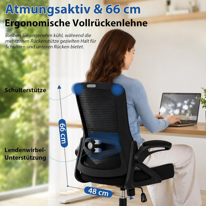 Bürostuhl Ergonomisch, Schreibtischstuhl mit Verstellbarer 4D Lendenwirbelstütze, Drehstuhl mit Klap