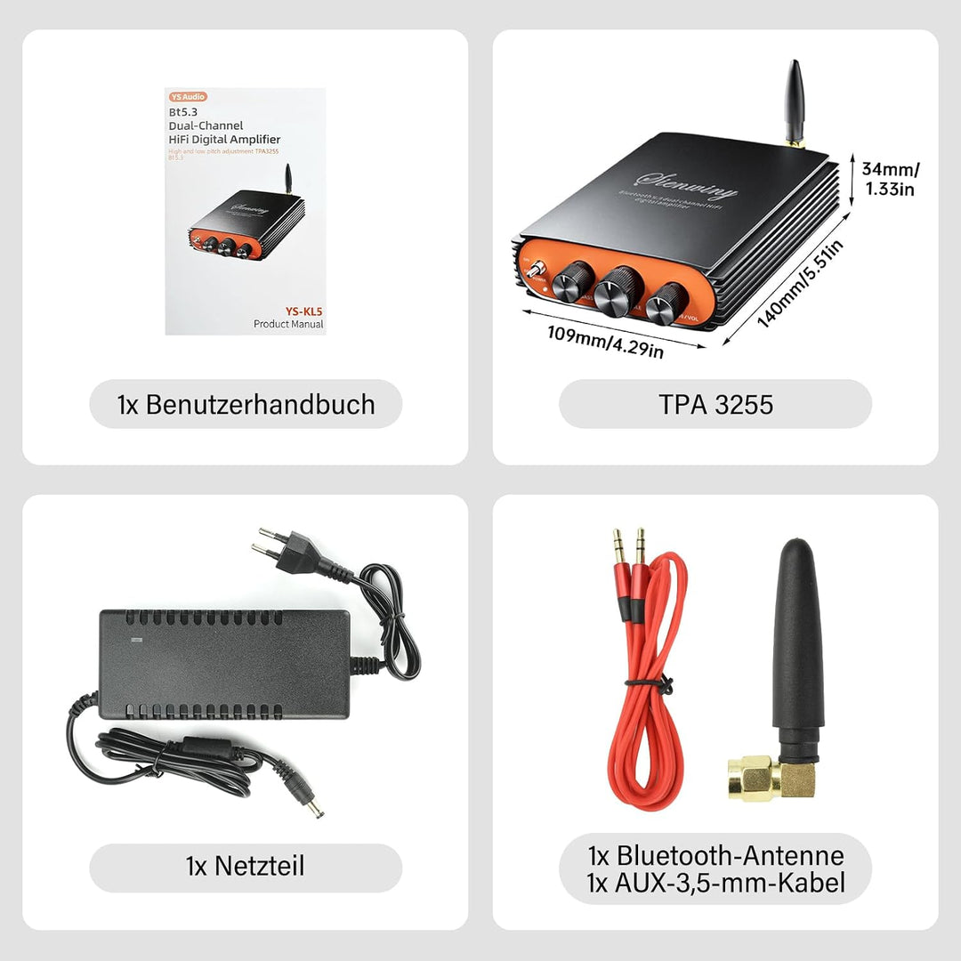 5.3 Bluetooth Verstärker HiFi Stereo, 300Wx2 2-Kanal Mini Subwoofer Amplifier mit TPA3255 Amp Chip,