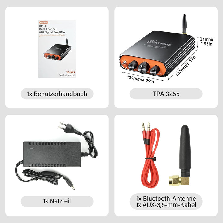 5.3 Bluetooth Verstärker HiFi Stereo, 300Wx2 2-Kanal Mini Subwoofer Amplifier mit TPA3255 Amp Chip,