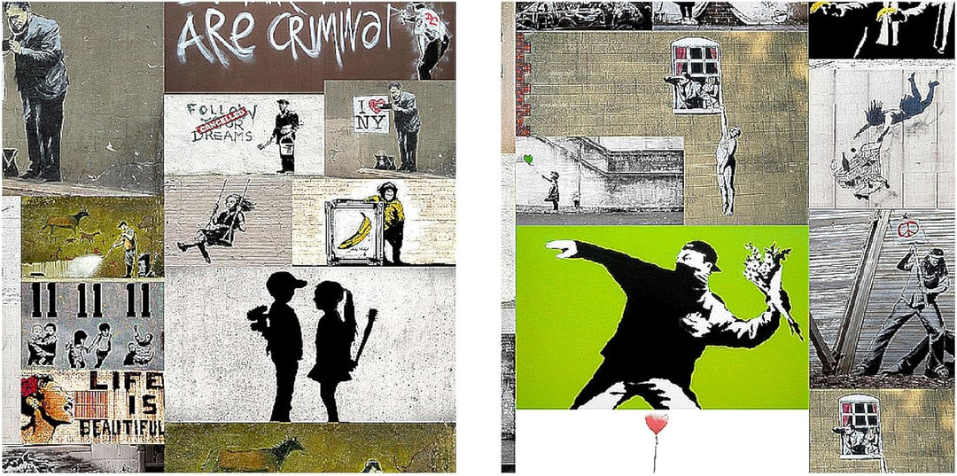 Runa Art Bild Modern Collage Banksy - Made in Germany - Wandbilder Street Art Bunt 4 Teilig 302742a