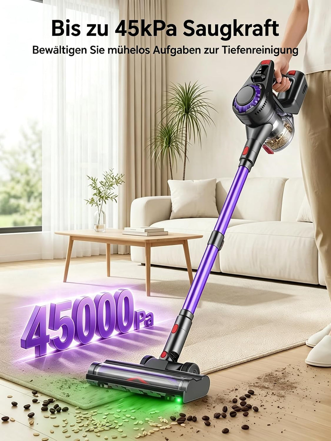 Akku Staubsauger Kabellos 45kPa 50Mins 480W für Böden Teppiche Tierhaare | Selbststehender Akkustaub