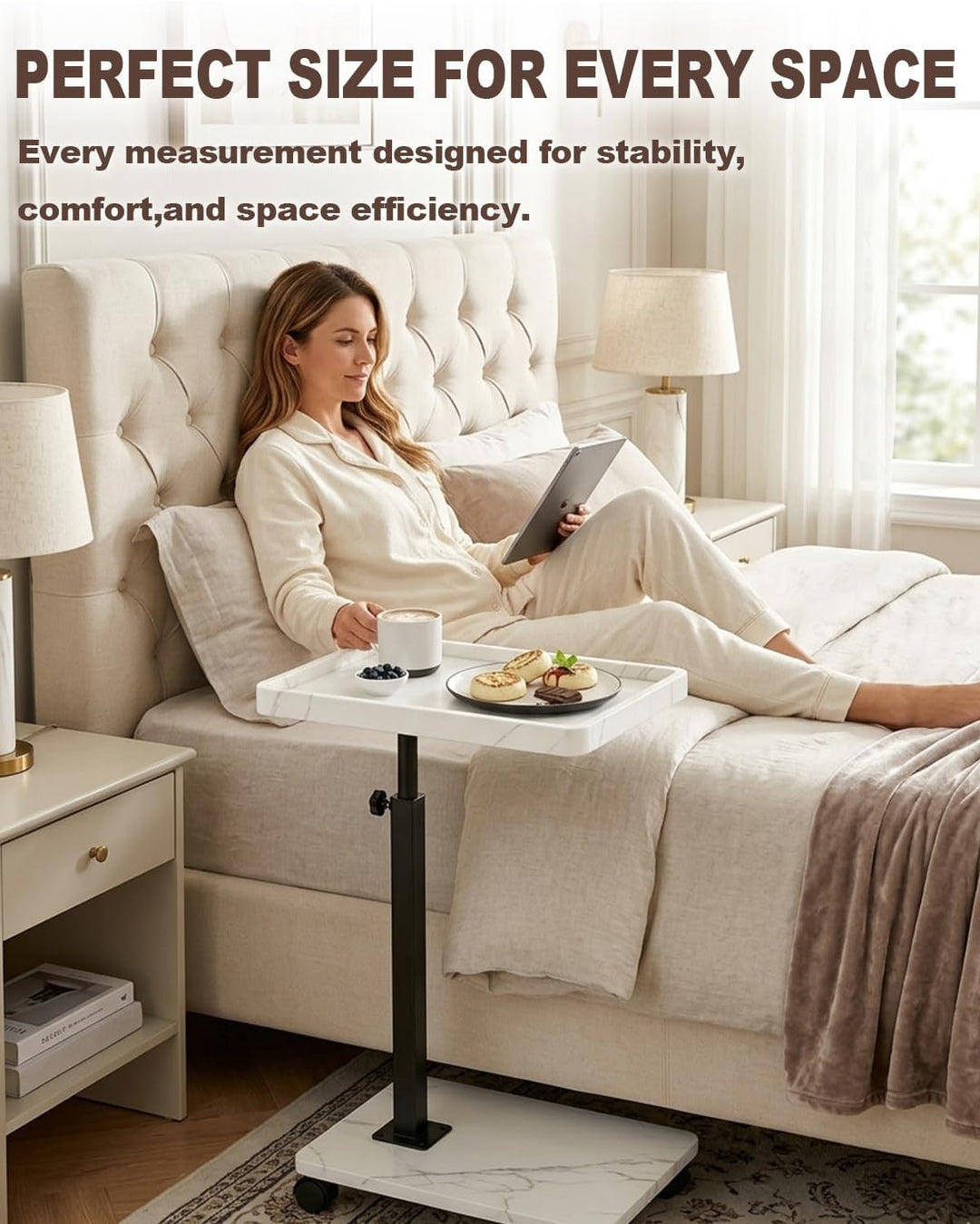 Beistelltisch Höhenverstellbar, Beistelltisch mit Rollen C Form Holz, 360° Rotierend Sofa Tisch, für