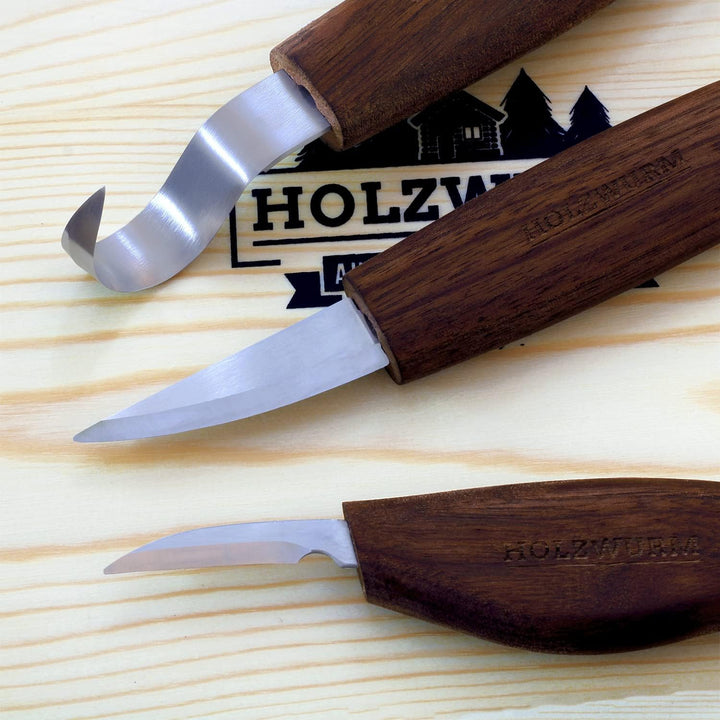 HOLZWURM Schnitzmesser Set in Holzbox inkl Holzrohling, Anleitung & Schnittschutzhandschuhe - umfang