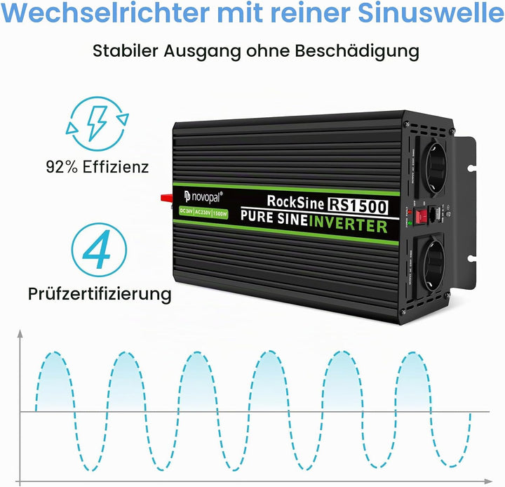 NOVOPAL 1500W Wechselrichter 24v Auf 230v Reiner Sinus Spannungswandler mit 2 EU-Steckdose und Einer