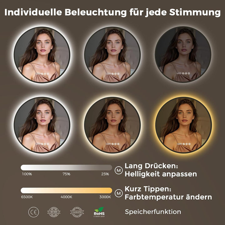 LED Badezimmerspiegel Rund Ø70 cm, Schwarzer Rahmen Schwarze Rahmenserie 70L x 70B cm, Schwarze Rahm