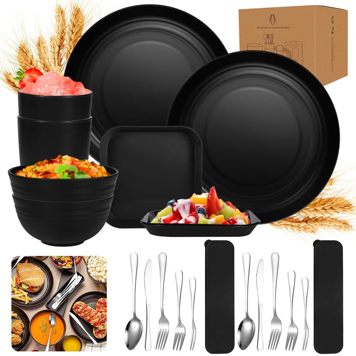 Camping Geschirr Set,Plastikgeschirr mit Edelstahl Campingbesteck,Unzerbrechliches Geschirr Set,Leic