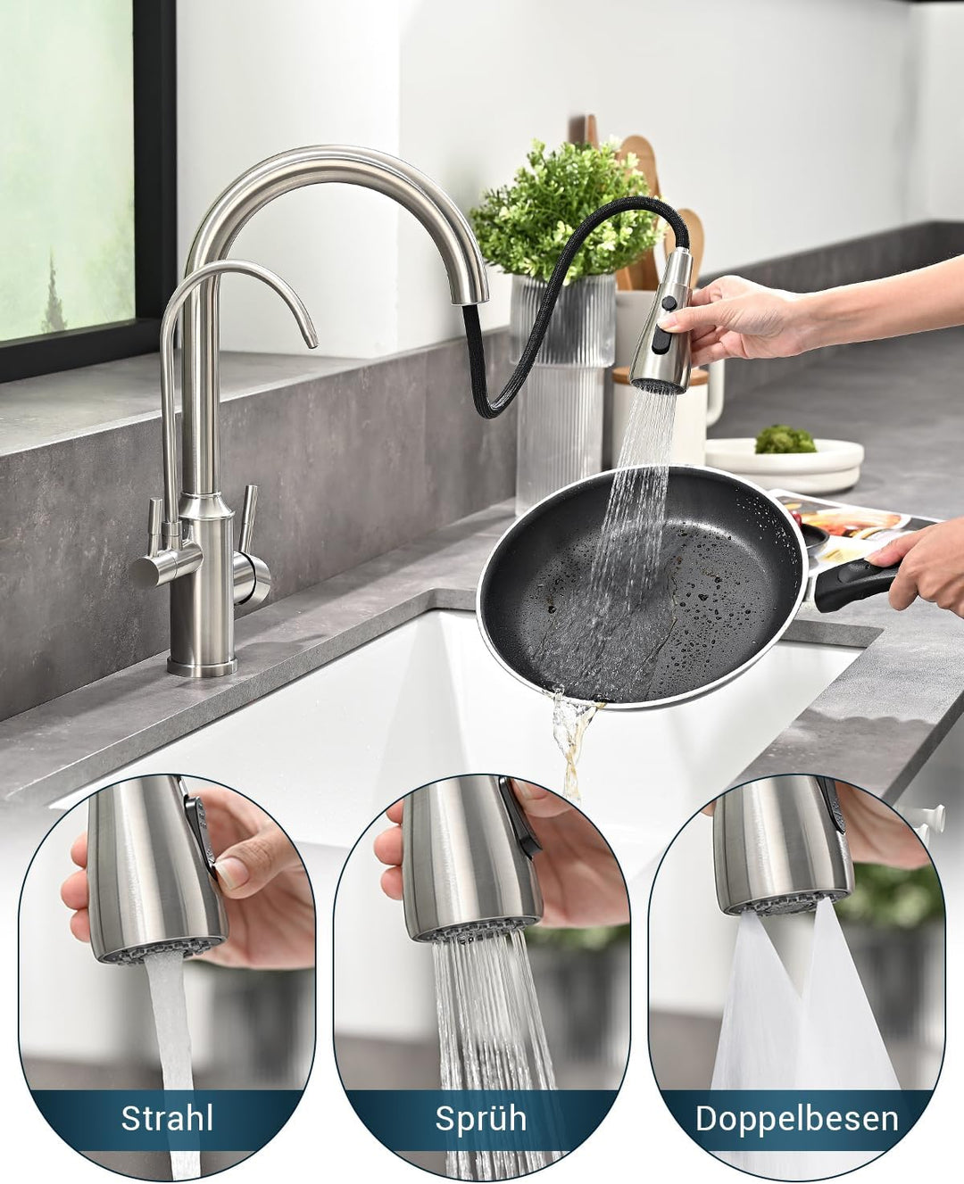 APPASO 3 Wege Wasserhahn Küche ohne Wasserfilter, 3 in 1 Mischbatterie Küche für Wasserfilter，Gebürs