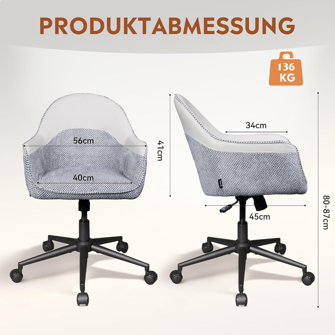 DEVAISE Homeoffice Stuhl, Ergonomischer Schminktischstuhl mit 9 cmKissen, neigbar bis 105°, höhenver