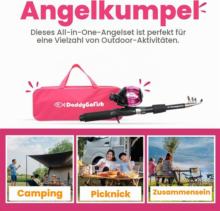 DaddyGoFish Kinder Angelset - Teleskoprute &amp; Rolle Combo mit Klappstuhl, Rutenhalter, Tackle Box, Kö