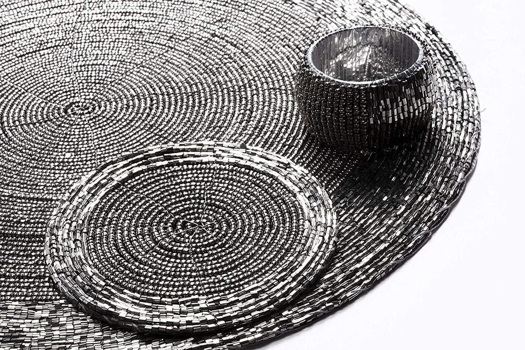 Penguin Home® Set von 12 Tischsets mit Glasperlen, Untersetzer und Serviettenringe - Antik Silber Fa