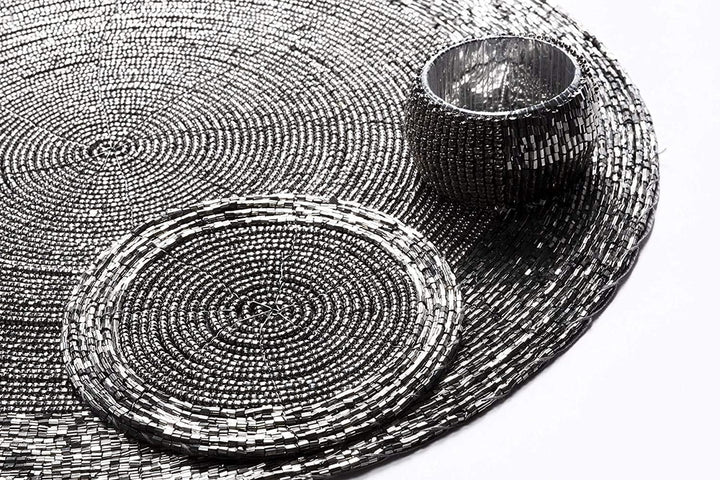 Penguin Home® Set von 12 Tischsets mit Glasperlen, Untersetzer und Serviettenringe - Antik Silber Fa