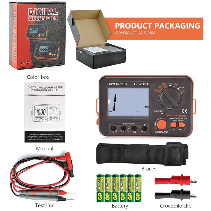 Isolationswiderstandstester Digitales Ohmmeter Megohmmeter GR-VC60B+ DCV Megohmmeter Spannungsprüfer