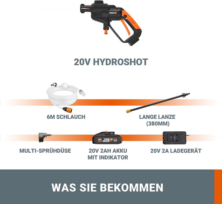 WORX WG620E Akku Hochdruckreiniger Hydroshot 20V – Mobiler Hochdruckreiniger inkl. Multi-Sprühdüse,