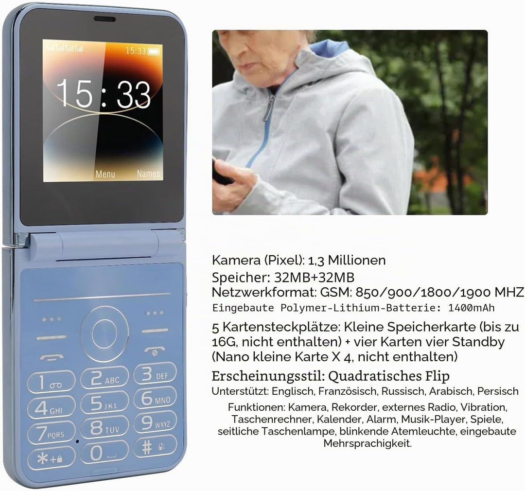 Bewinner 2G Entsperrtes Klapphandy für Senioren, Mobiltelefon mit Grossen Tasten und 4 SIM-Karten Im