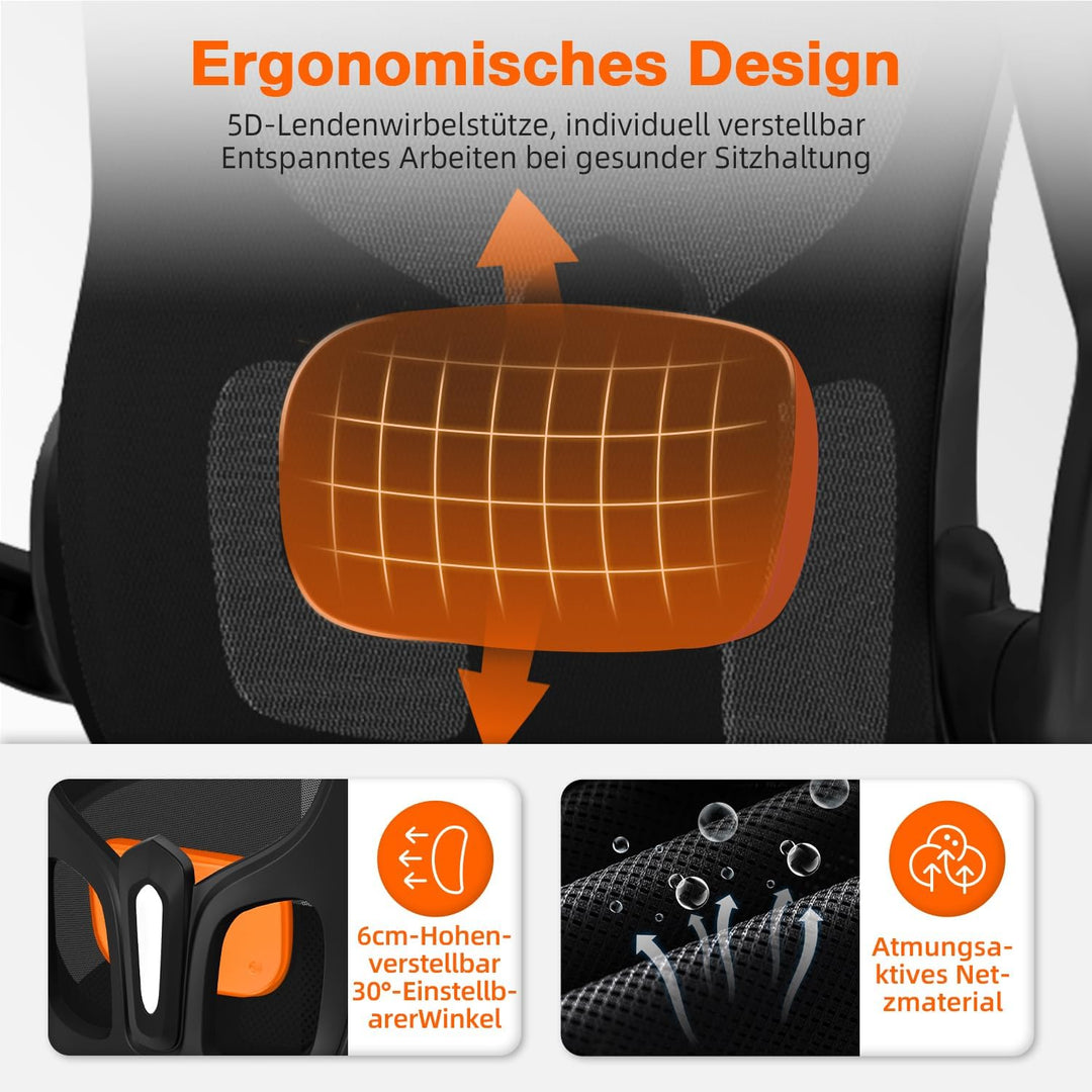 Bürostuhl, Bürostuhl Ergonomisch, Schreibtischstuhl mit 5D-Lendenwirbelstütze und Kopfstütze, 90° kl