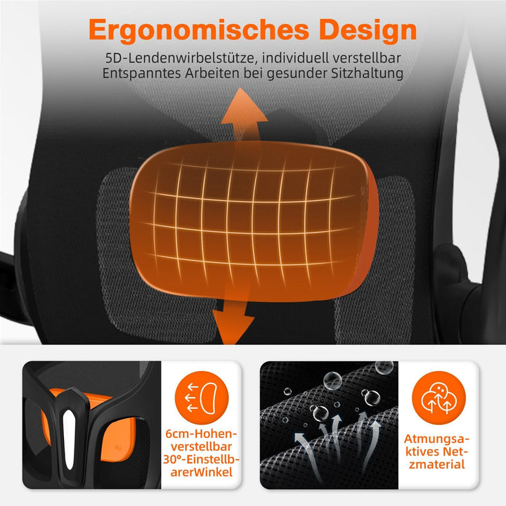 Bürostuhl, Bürostuhl Ergonomisch, Schreibtischstuhl mit 5D-Lendenwirbelstütze und Kopfstütze, 90° kl