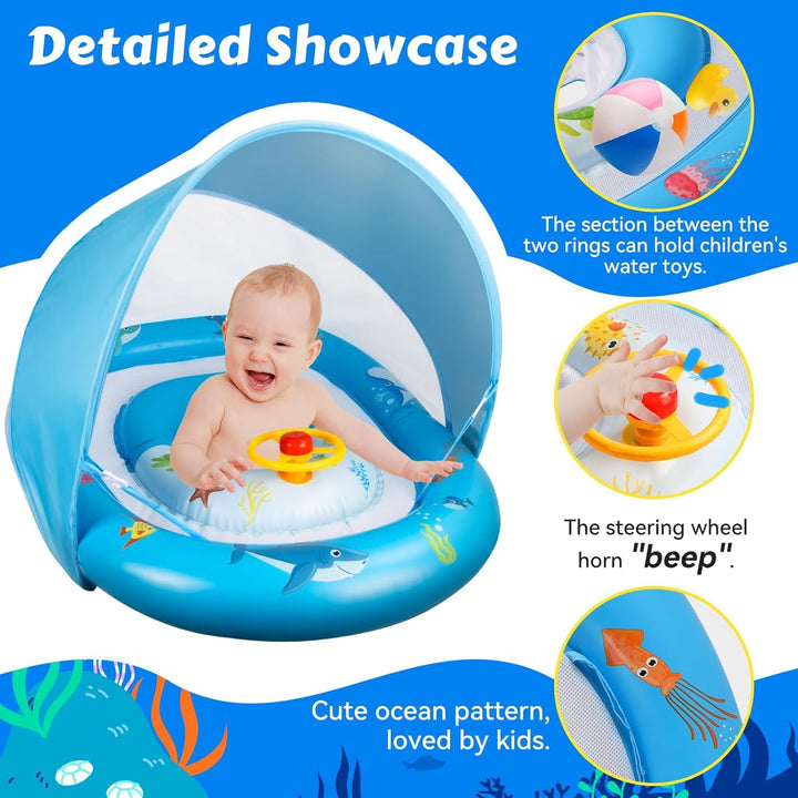 Baby Schwimmring mit Doppelkreis-Design | Extra Sicherer Schwimmsitz & Verstellbares Sonnendach | Mi