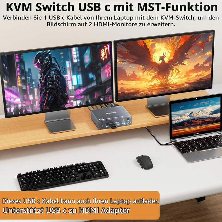 4K@60Hz USBC HDMI KVM Switch 2 PC 2 Monitore für 1 Laptop und 1 Desktop, Dual Monitor KVM Switch mit