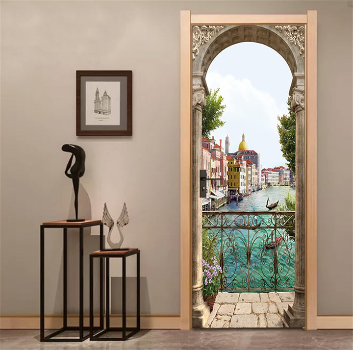 FLFK 3D Italien Flussseitenstadt Wohnzimmer Türtapete Wandbilder Selbstklebend Tür Poster Vinyl Entf