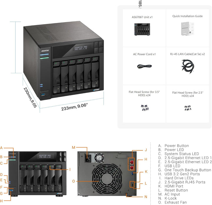 Asustor Lockerstor 6 Gen 2 AS6706T | 6 Bay NAS - Netzwerkspeicher Gehäuse, Quad Core 2.0GHz CPU, 4 M