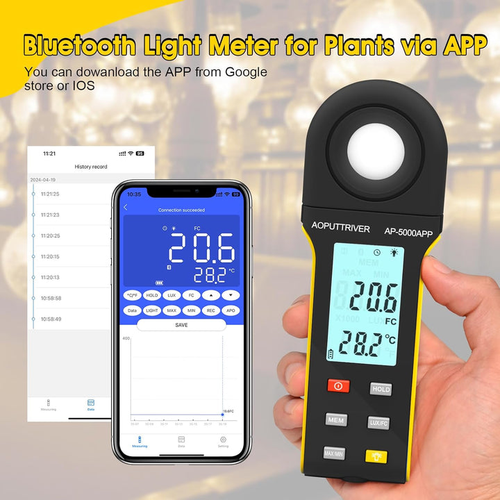 AP-5000APP Digital Luxmeter, Lichtmessgerät Messen 0,1~400.000 Lux Fusskerzen mit 270º Drehbarem Sen