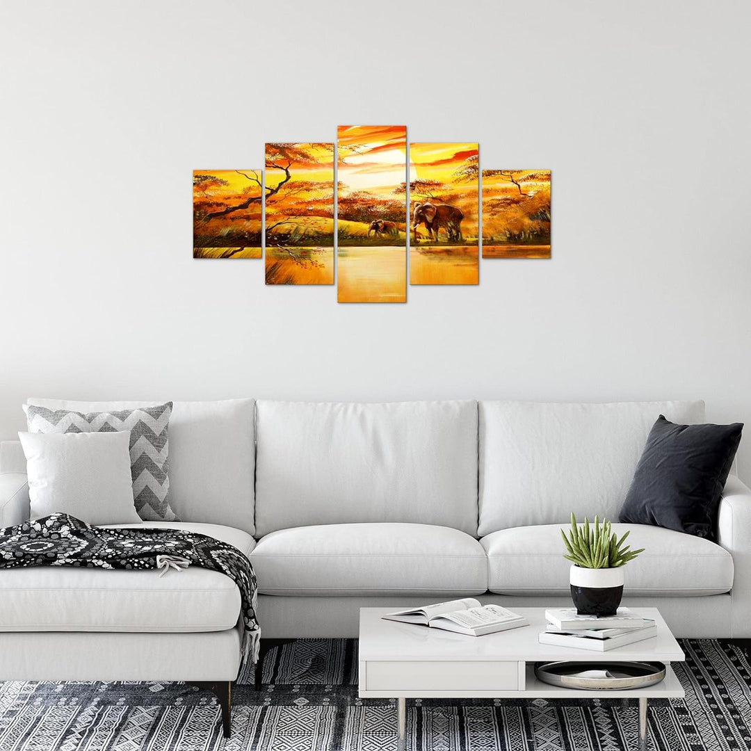 Runa Art Wandbilder Afrika Elefant 5 Teilig Bild auf Vlies Leinwand Deko Wohnzimmer Schlafzimmer Son