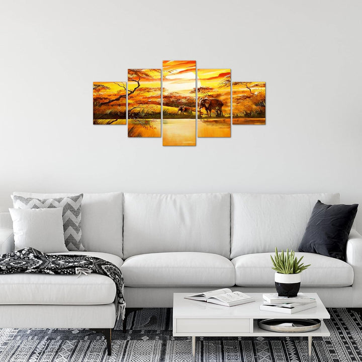Runa Art Wandbilder Afrika Elefant 5 Teilig Bild auf Vlies Leinwand Deko Wohnzimmer Schlafzimmer Son