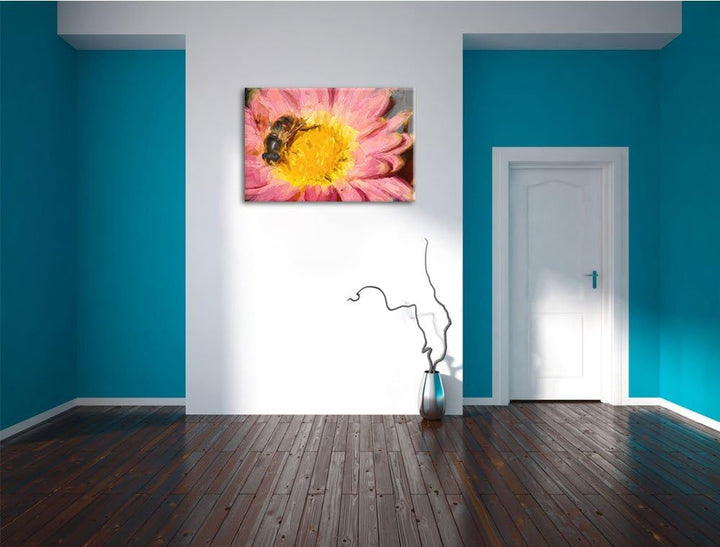 winzige Biene auf Margarete schwarz/weiss Deluxe Format: 100x70 cm auf Leinwand, XXL riesige Bilder