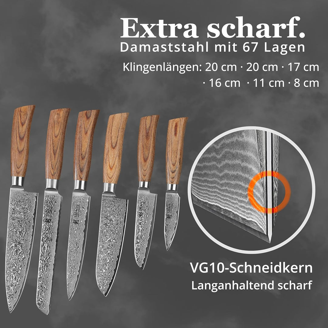 Wakoli Edib Pro 6er Damastmesser-Set mit Klingen von 8,5 - 19,70 cm Länge extrem scharf aus 67 Lagen